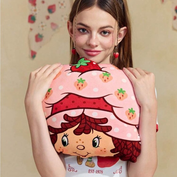 Strawberry Shortcake Cartoon Character And Strawberry Print Plush Throw Pillow - Picture 3 of 5